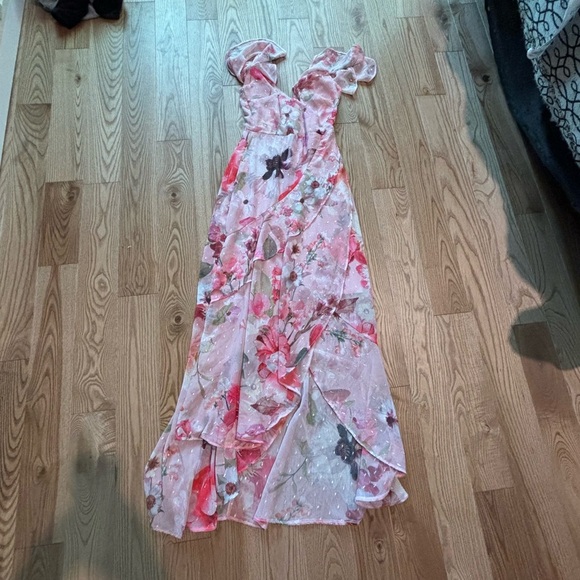 Lipsy Beautiful Floral Pink and White Maxi Dress Asymmetrical - Picture 1 of 6